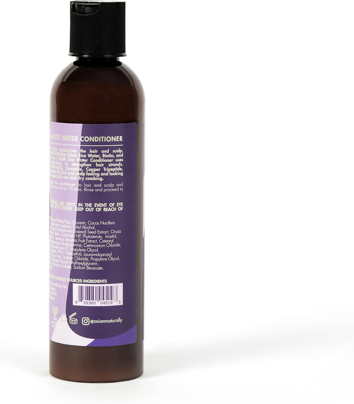 Bagsiden af en brun flaske As I Am Rice Water Conditioner (237 ml) med lilla etiket, der viser brugsanvisning, forsigtighedsregler og ingrediensliste.