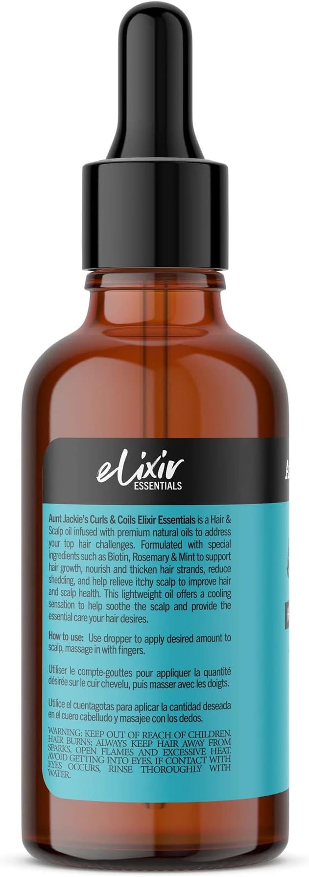Aunt Jackie's Elixir Biotin Rosemary Hair and Scalp Oil, bagside af en brun glasflaske med sort pipette.