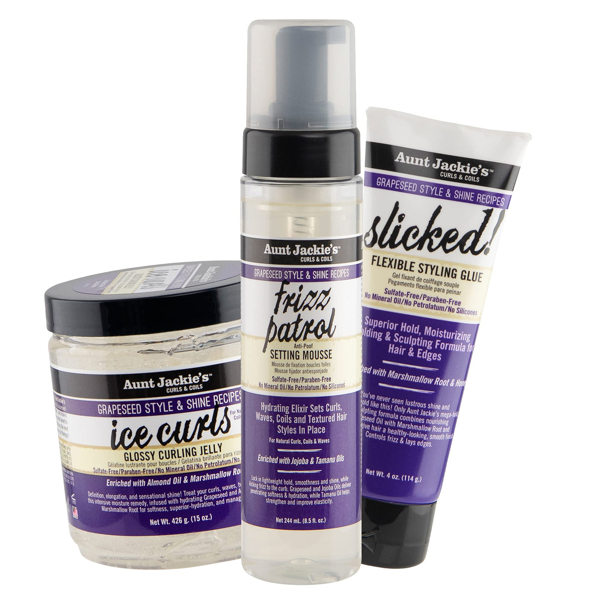 Aunt Jackie's Grapeseed Style & Shine-serie: Ice Curls Glossy Curling Jelly, Frizz Patrol Setting Mousse og Slicked! Flexible Styling Glue.