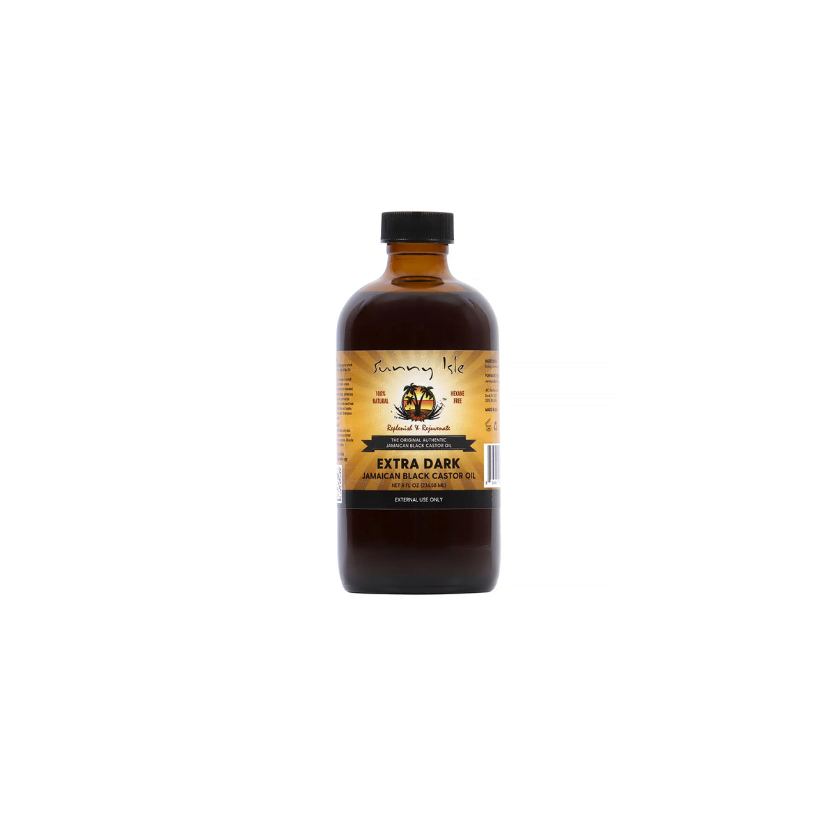 Sunny Isle Ekstra Mørk Jamaicansk Sort Ricinusolie (8 oz). Billedet viser forsiden af en flaske Sunny Isle Ekstra Mørk Jamaicansk Sort Ricinusolie. Produktet markedsføres som 100% naturligt, hexanfrit og autentisk jamaicansk sort ricinusolie.