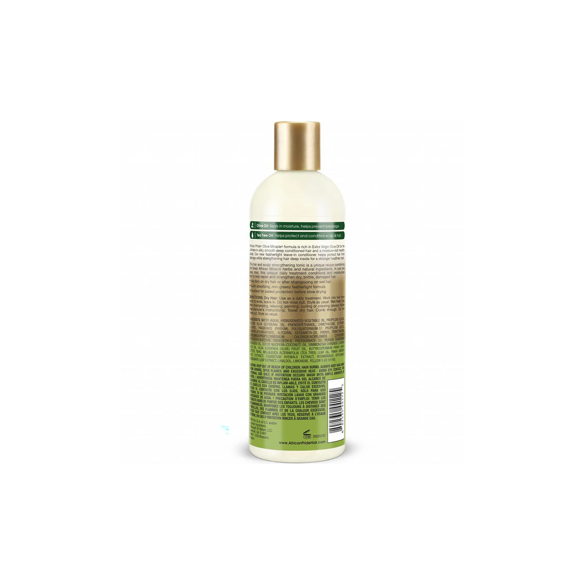 African Pride Olive Miracle Leave-In Conditioner 355ml flaske med grøn skrift og gyldigt låg på hvid baggrund.