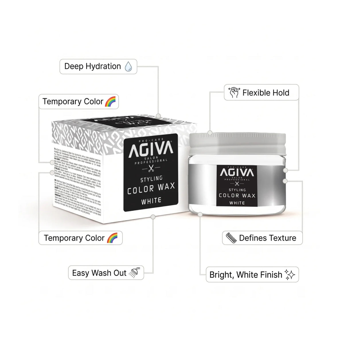 Agiva Color Wax White styling-produkt med krukke og æske, der viser fugtgivende, fleksibel hold og midlertidig hvid farve.