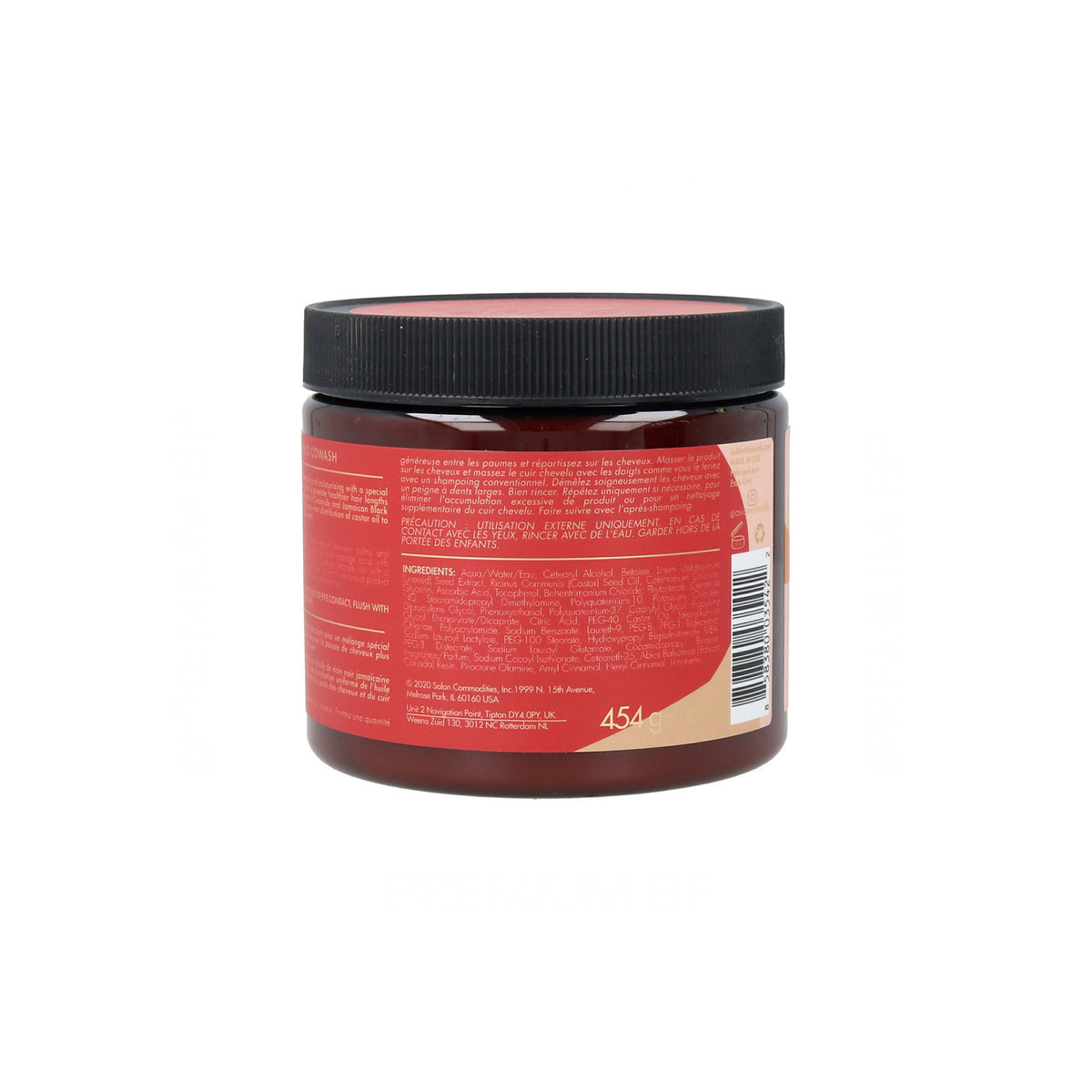 Beholder med As I Am Jamaican Black Castor Oil Co-Wash, der viser både for- og bagside af etiketten, inklusiv vægtangivelsen 454g.