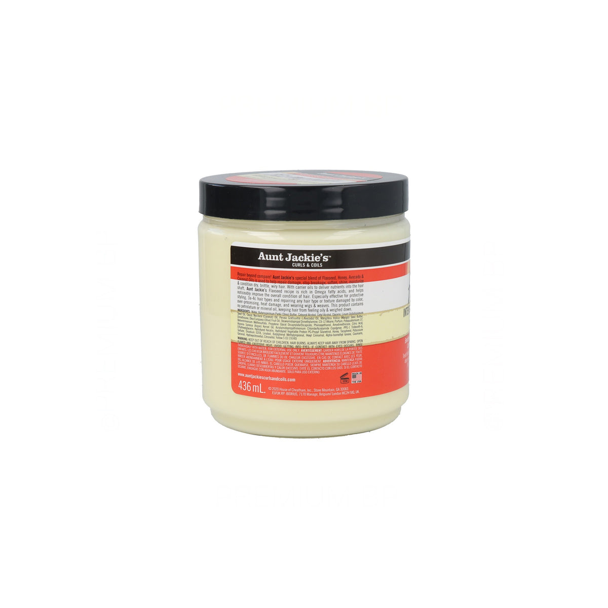 Bagsiden af Aunt Jackie's Fix My Hair Intensiv Reparerende Hårkur (436 ml): Viser ingrediensliste og brugsanvisning for denne dybdegående balsam med hørfrø.