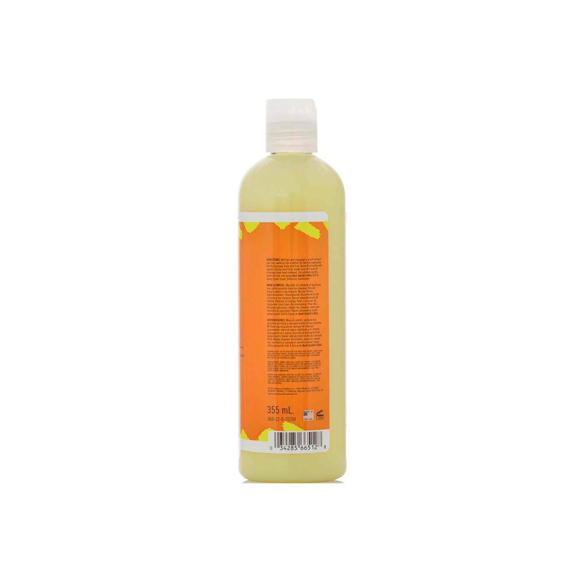 Bagsiden af en flaske Aunt Jackie's Kids Heads Up Moisturizing & Softening Shampoo. Viser ingrediensliste og anden produktinformation samt indholdet 355 ml.