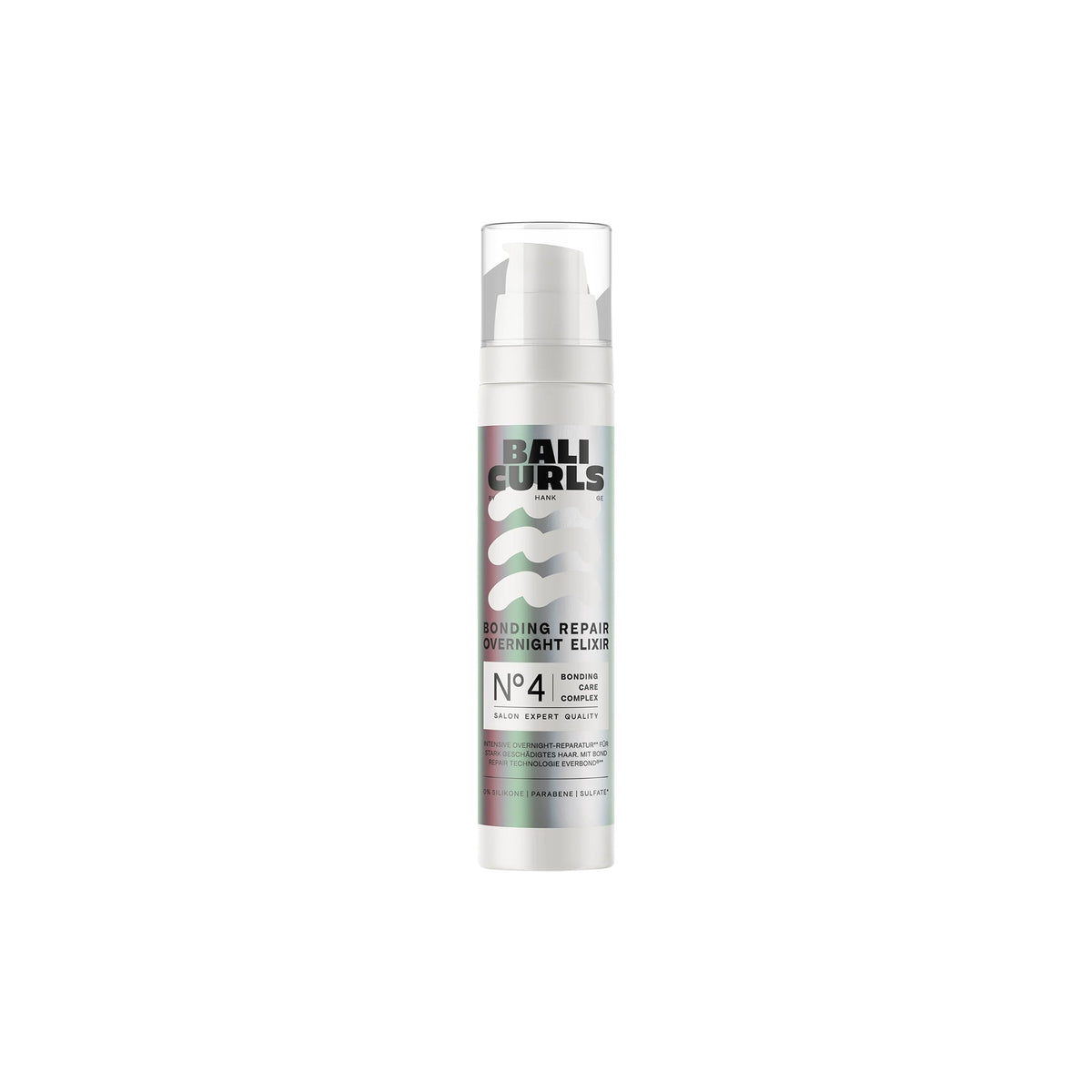 Flaske med Bali Curls Bonding Repair Overnight Elixir No. 4 i sølv og pastelfarver, designet til natlig hårreparation.