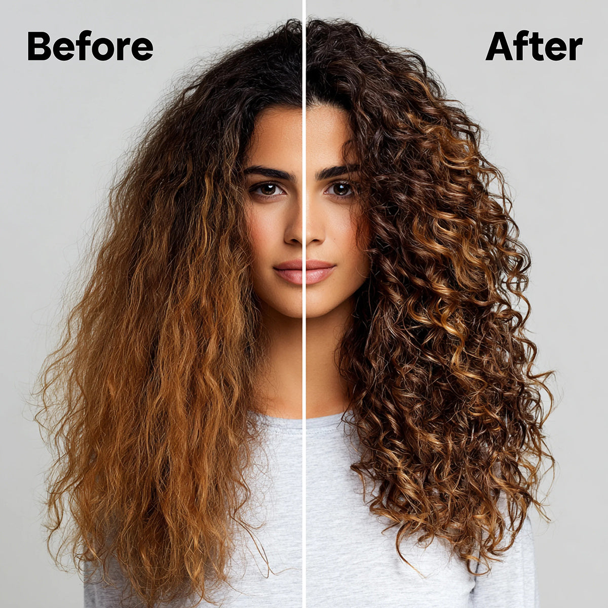 Krøllet hår før og efter brug af Bali Curls Bonding Repair Overnight Elixir N°4 100ml med synligt forbedret glans og struktur.
