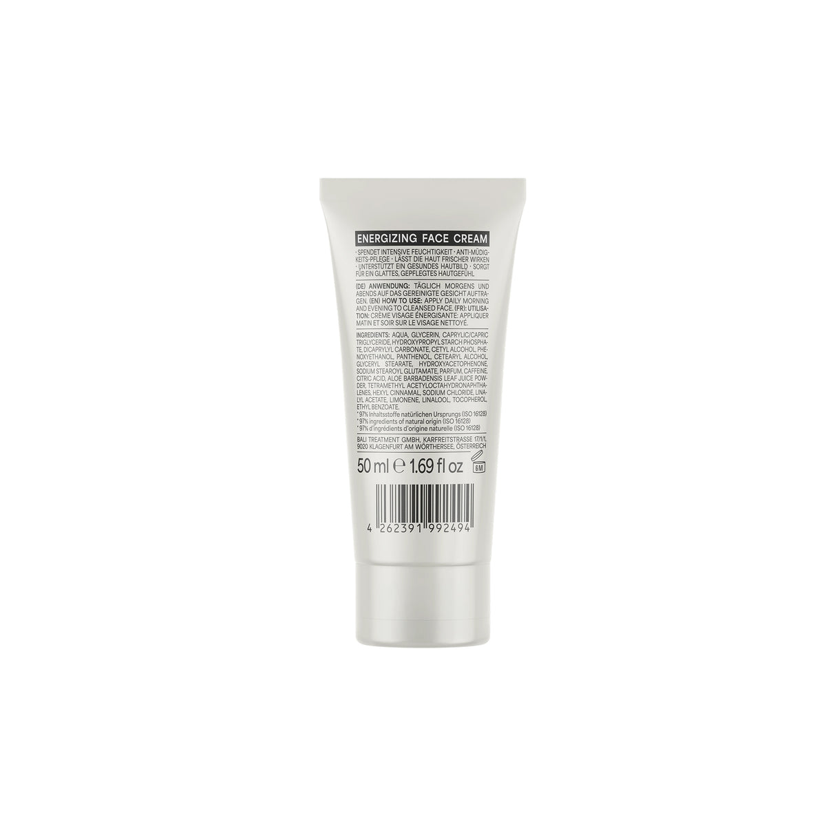 Tube med Bali Gents Energizing Face Cream 50ml set bagfra, med ingrediensliste og stregkode på lysegrå emballage.
