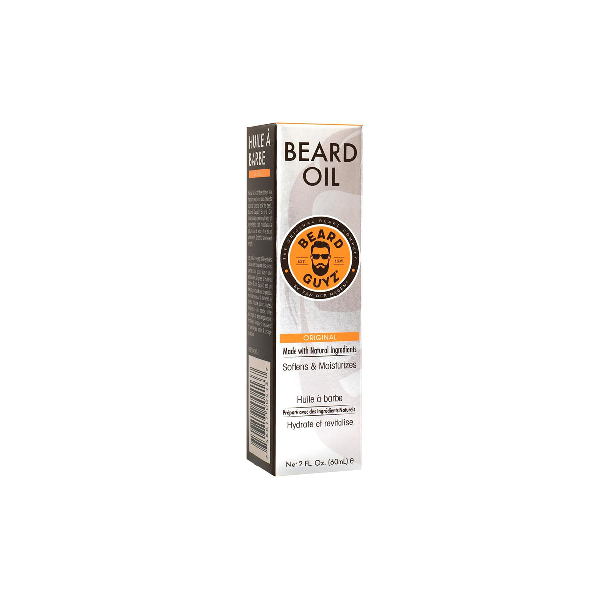 60 ml flaske med Beard Guyz Original skægolie. Produktet er pakket i en grå pakke med sorte og orange illustrationer.