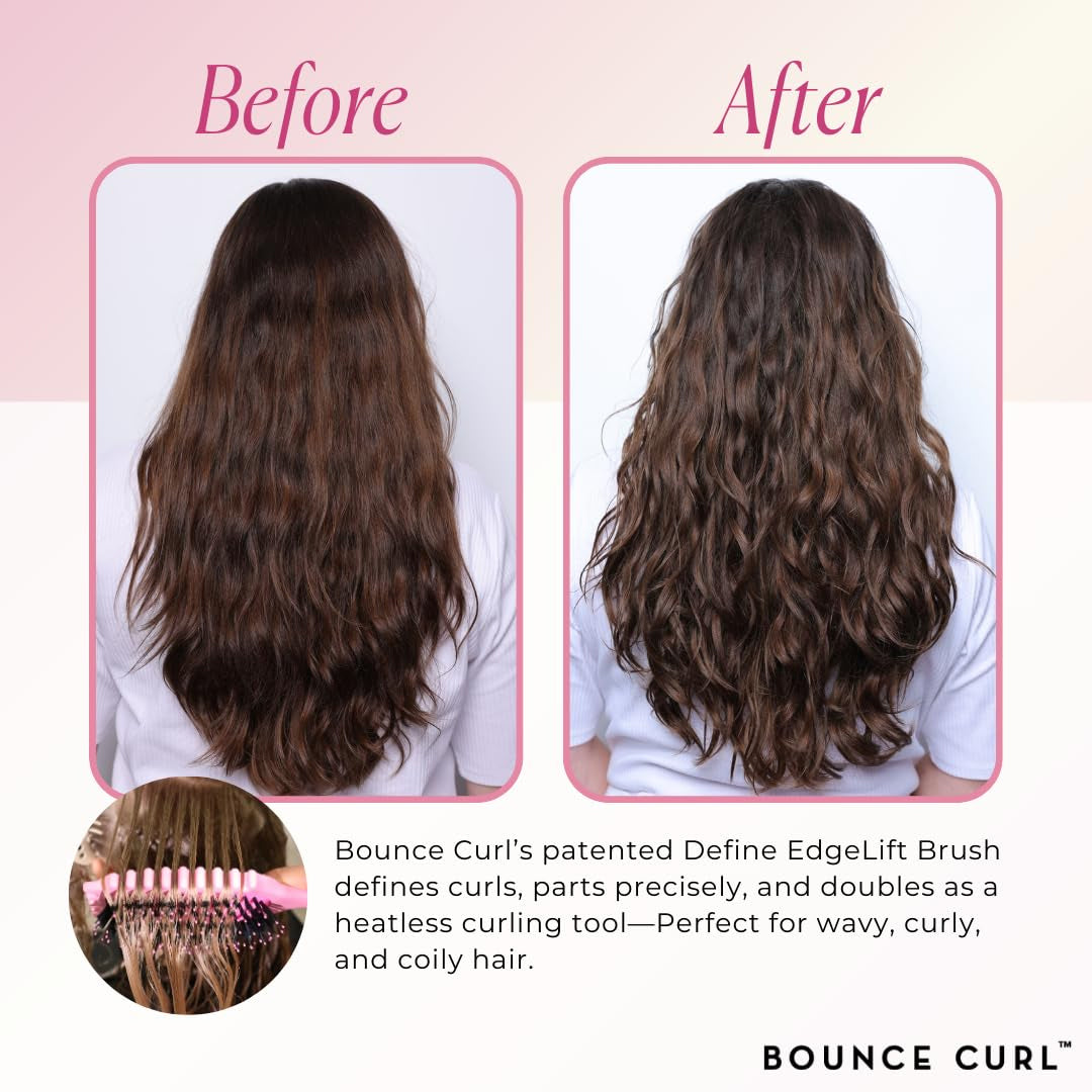 Før- og efterbillede af definerede krøller skabt med Bounce Curl Define EdgeLift Brush Tan i langt brunt hår.