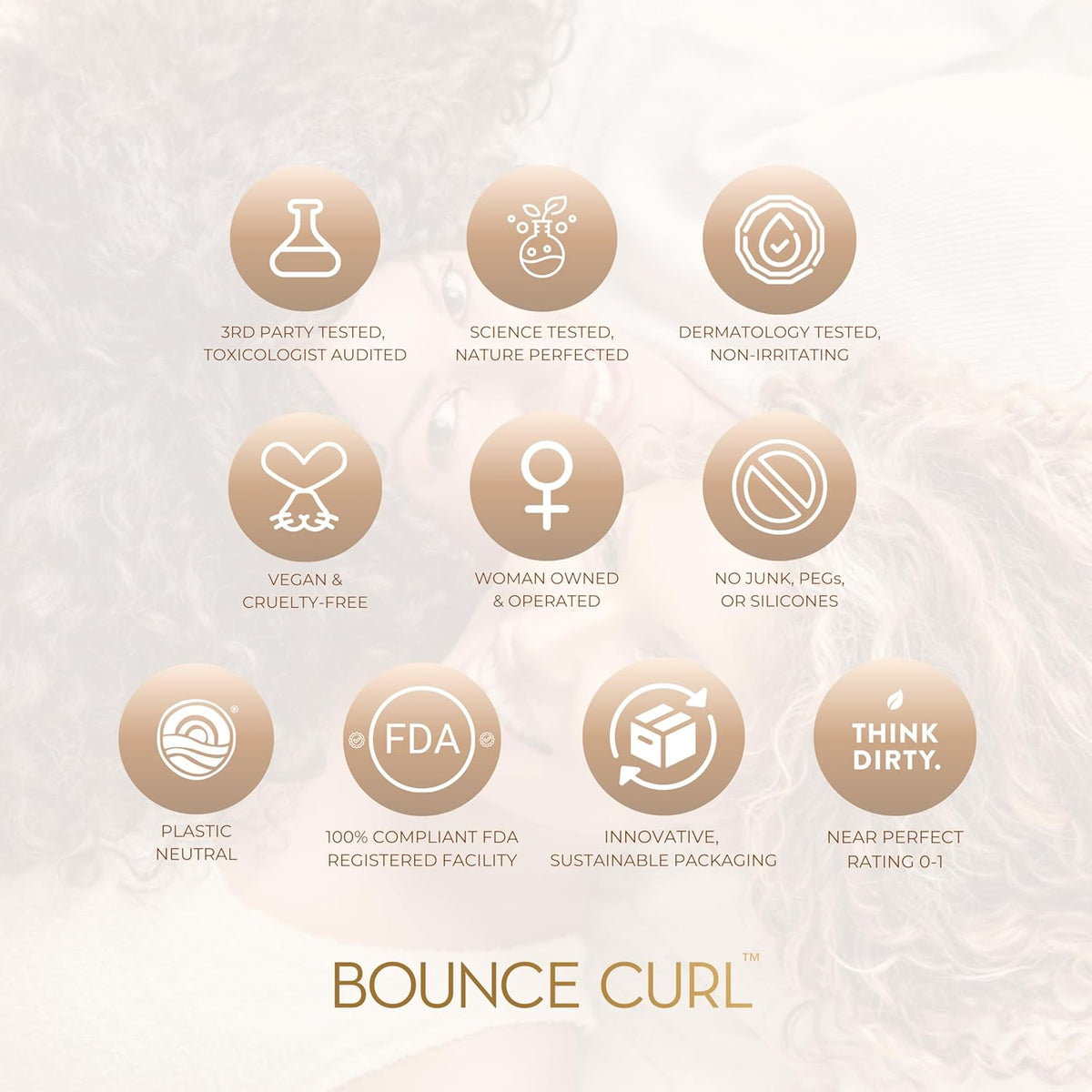 12 runde ikoner præsenterer nøglefordele ved Bounce Curl Light Creme Gel 237ml, inklusive vegansk, silikonfri og bæredygtig formular.