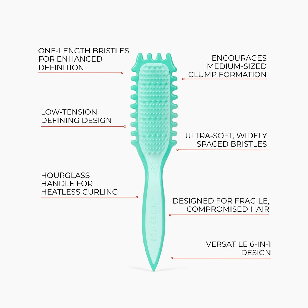 Infografik af Bounce Curl Slick-Flex Define EdgeLift Brush: En 6-i-1 hårbørste til krøller med ultra-bløde børstehår, designet til skånsom styling af fint eller ødelagt hår.