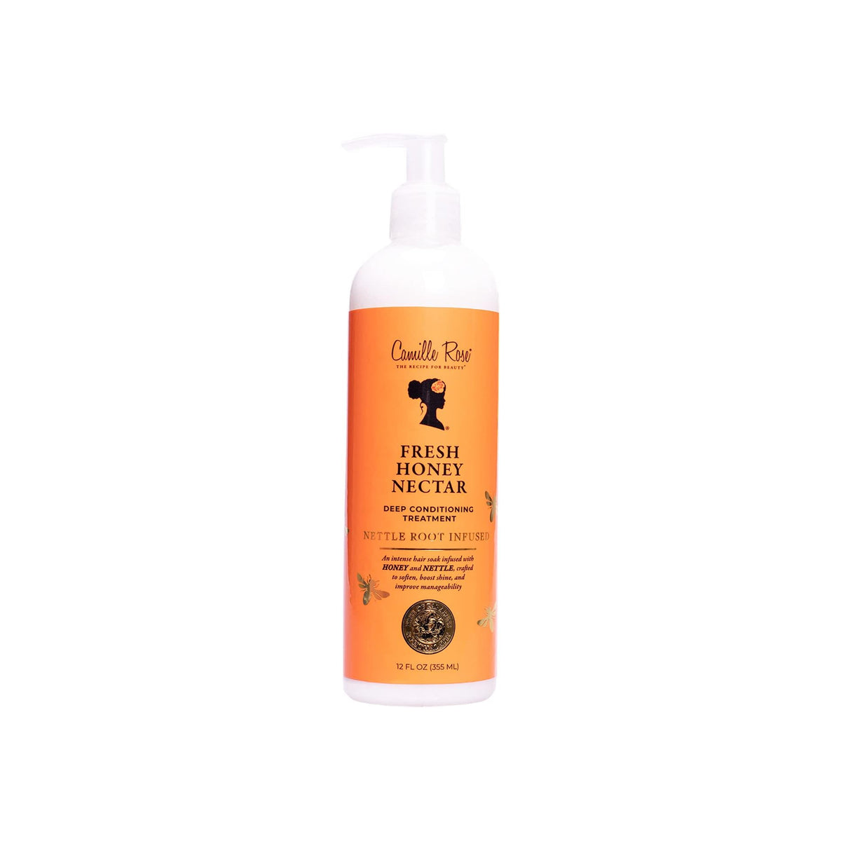 Camille Rose Fresh Honey Nectar Deep Conditioning Treatment, 355ml. En hvid flaske med en pumpe dispenser, fyldt med en gylden, cremet hårkur.