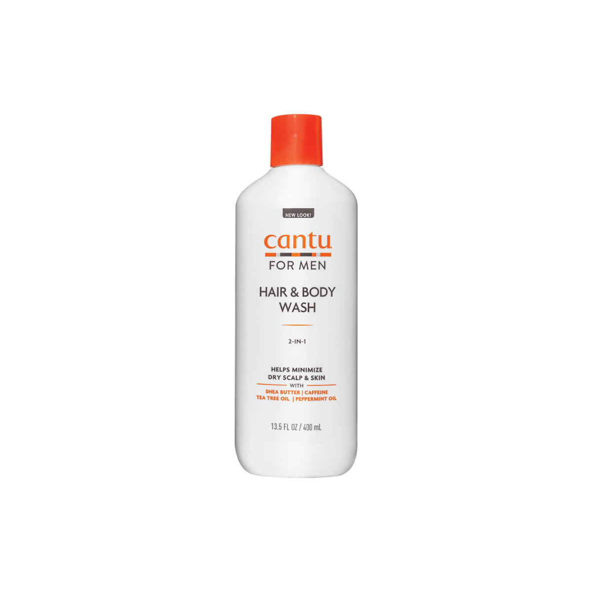 Hvid flaske med orange låg indeholdende Cantu For Men 2-i-1 Hair & Body Wash.