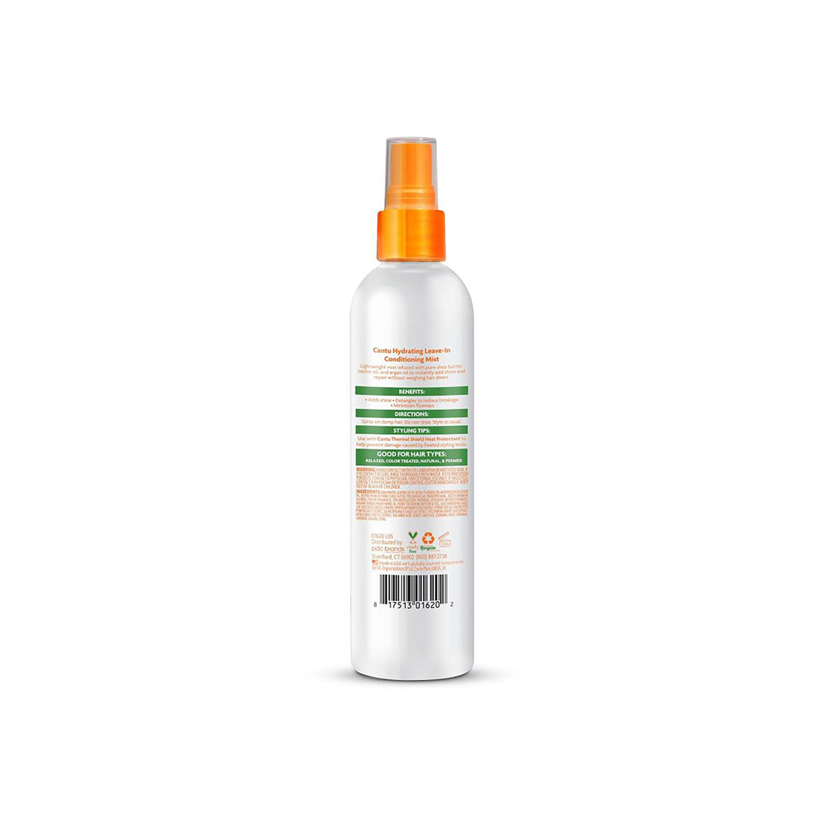 Bagsiden af en hvid flaske med orange sprayhoved indeholdende Cantu Shea Butter Hydrating Leave-In Conditioning Mist.