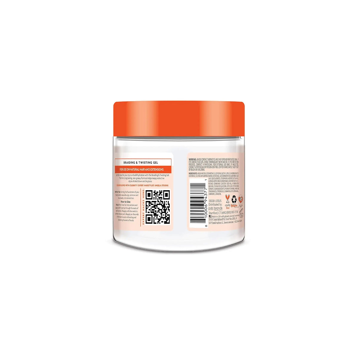 Nærbillede af etiketten på bagsiden af Cantu Braiding & Twisting Gel, der viser ingredienser og brugsanvisning.
