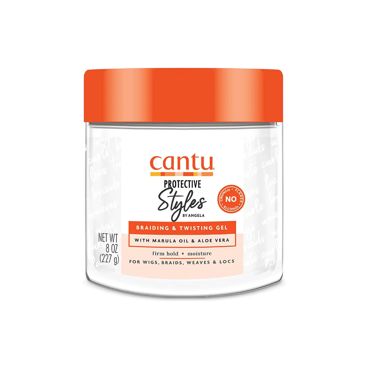 Klar beholder med orange låg indeholdende Cantu Protective Styles Braiding & Twisting Gel.