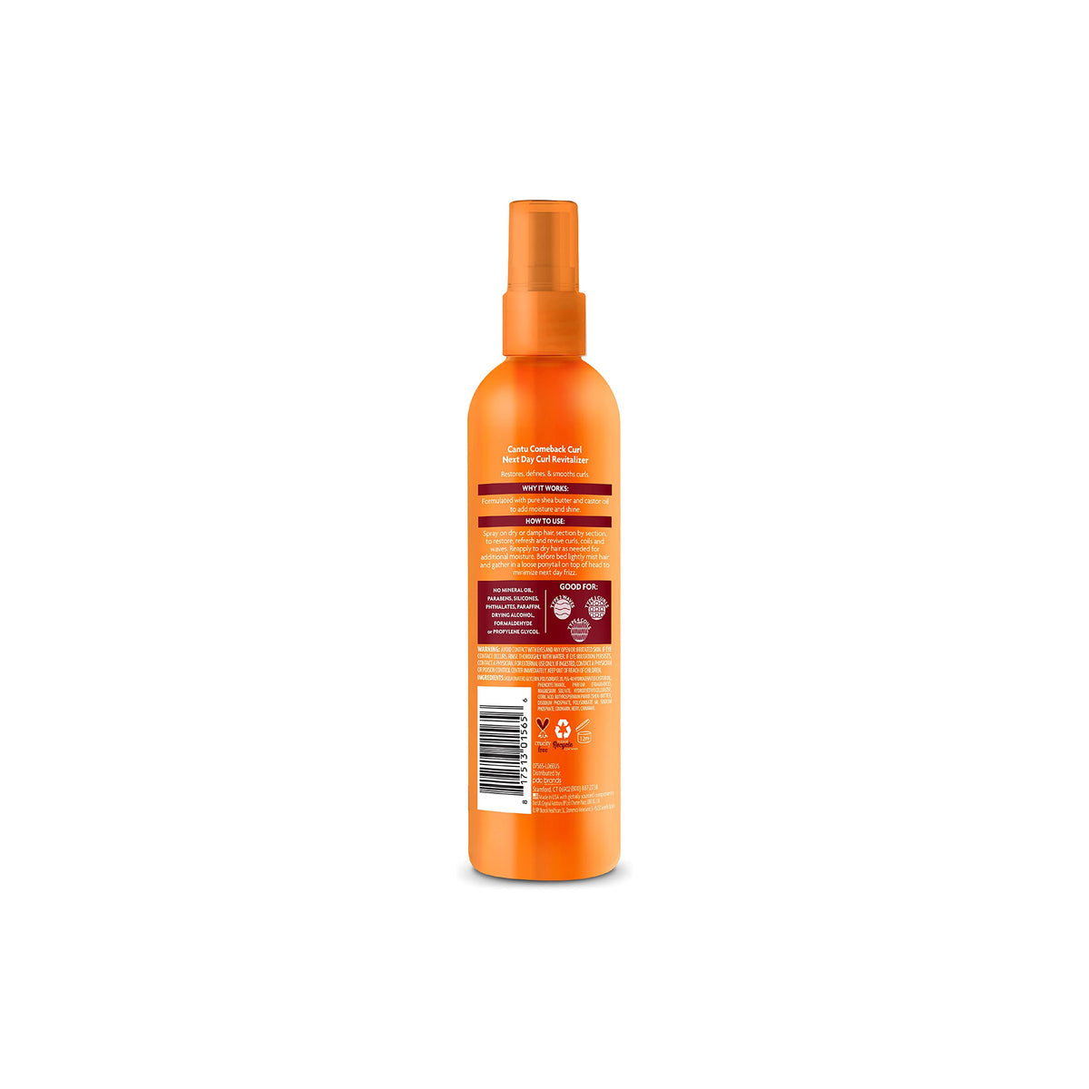 Etiketten på bagsiden af Cantu Shea Butter Comeback Curl Revitalizer viser ingredienser, brugsanvisning og yderligere information.