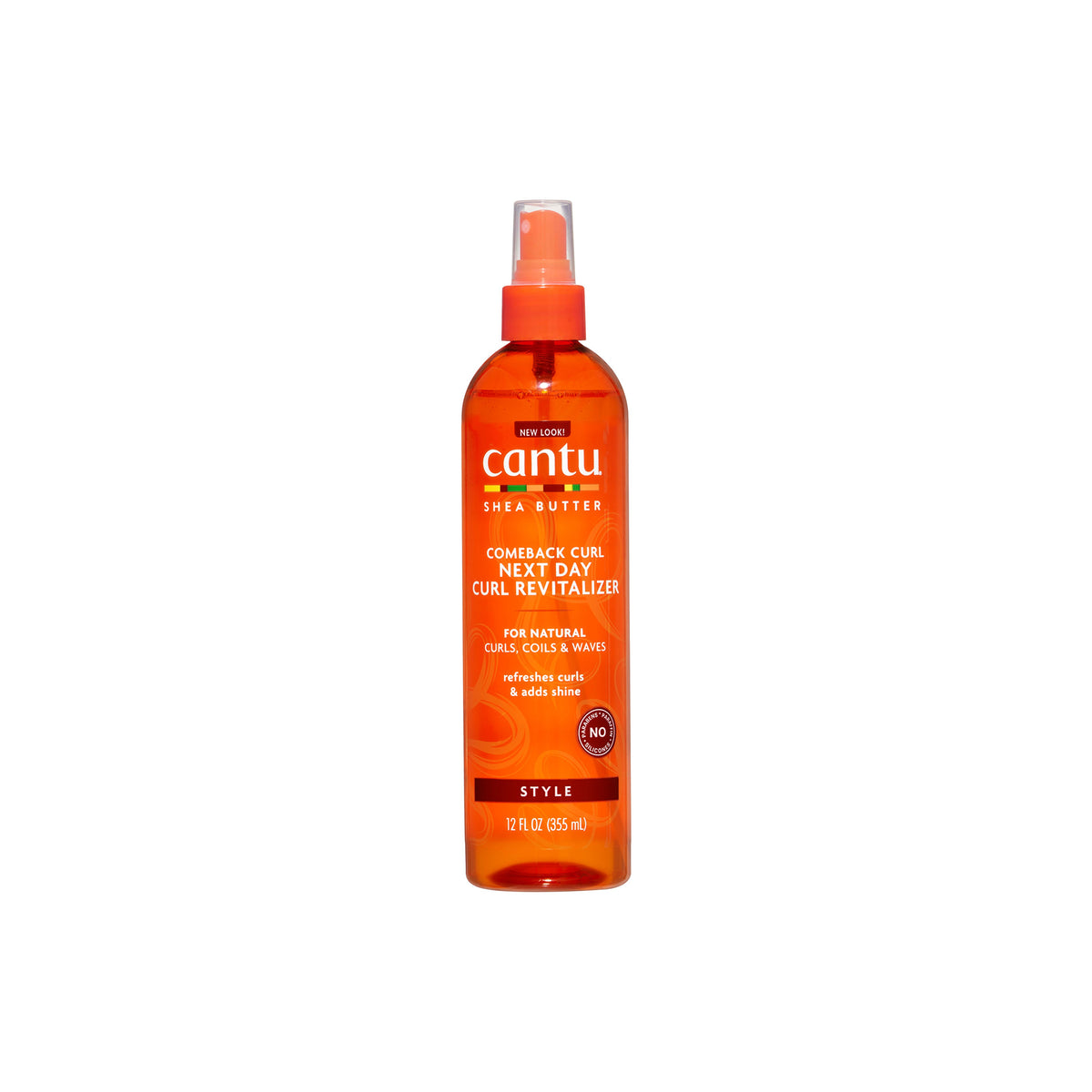 Orange sprayflaske med Cantu Shea Butter Comeback Curl Next Day Curl Revitalizer.