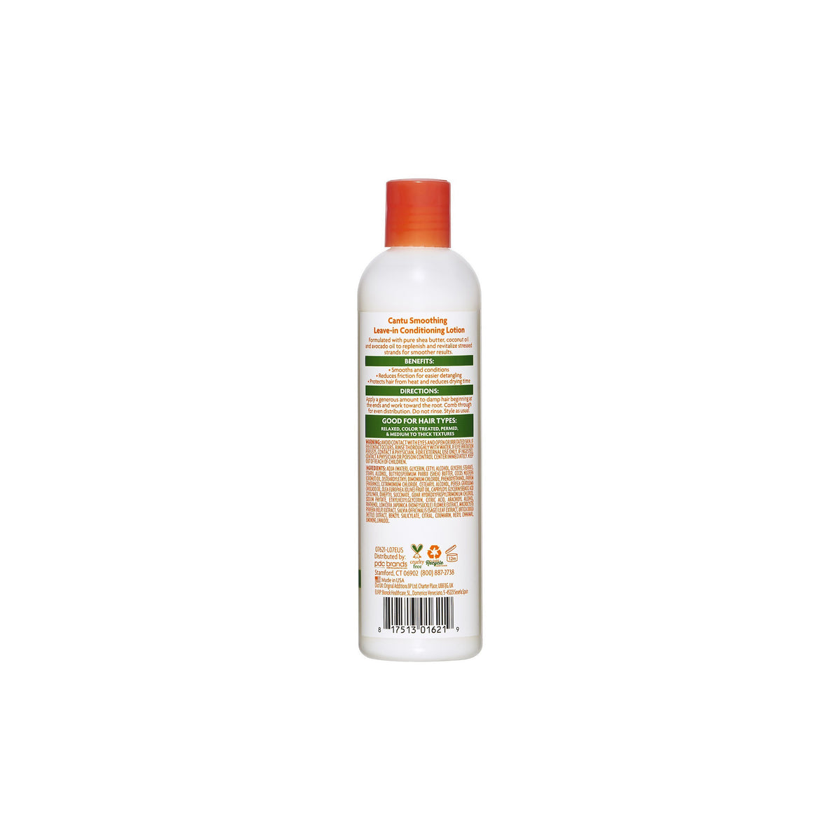 Bagside af flaske med Cantu Shea Butter Smoothing Leave-In Conditioning Lotion, der viser ingredienser og brugsanvisning.