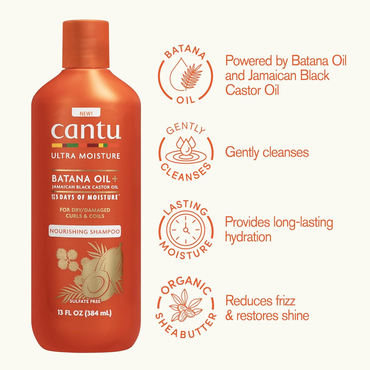 Cantu Ultra Moisture Batana Oil shampooflaske i orange med ikoner for fugt, rensning og glans.