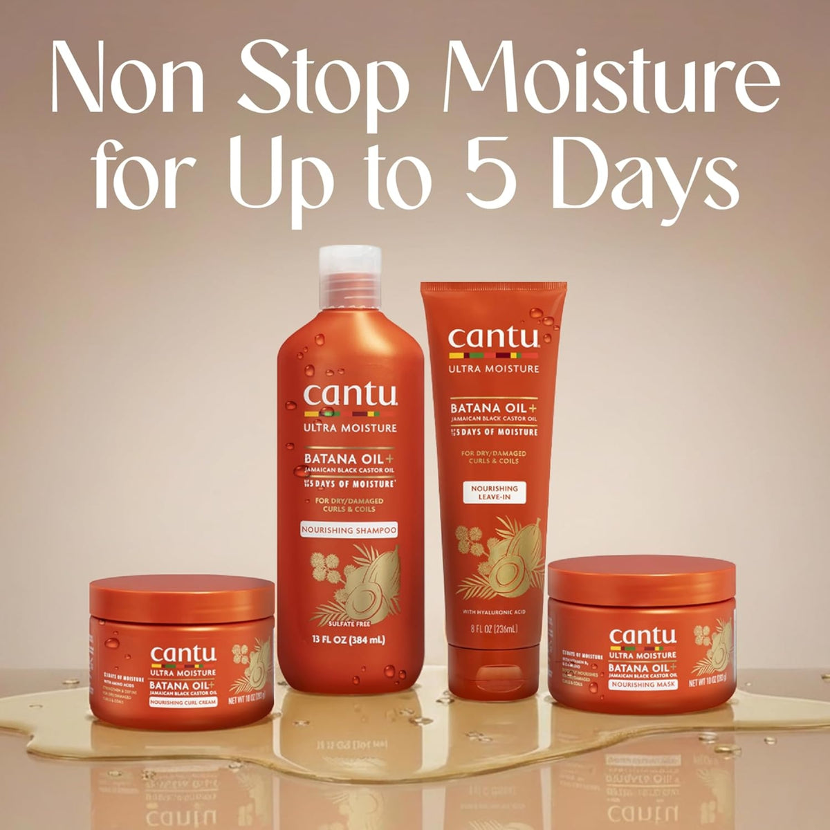 Cantu Ultra Moisture Batana Oil produktserie med shampoo, leave-in, curl cream og mask - Non Stop Moisture i op til 5 dage.