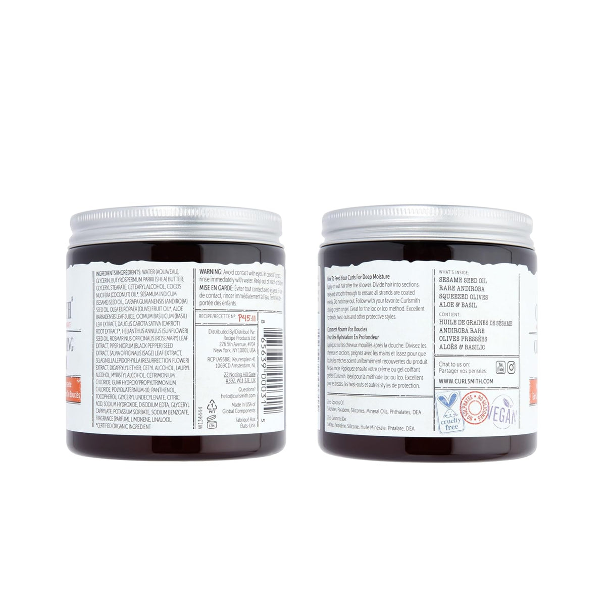 Curlsmith Coily Curl Feeding Cream i mørke glaskrukker med etiketter, der viser ingredienser og brugsanvisning.
