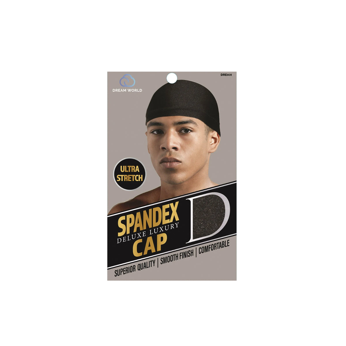 Emballage til Dream World Spandex Cap Black DRE031, sort spandex-hue med ultra stretch, glat finish og komfort til daglig brug.