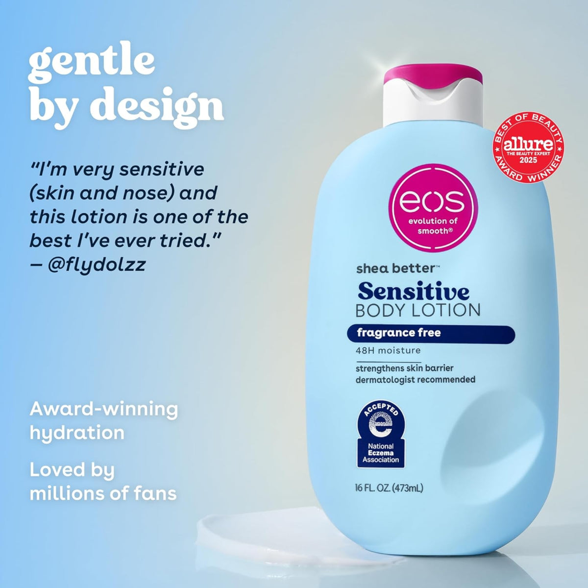 eos Shea Better Sensitive Body Lotion, blå flaske med pink låg, parfumefri, 473 ml, Allure Award Winner 2025.
