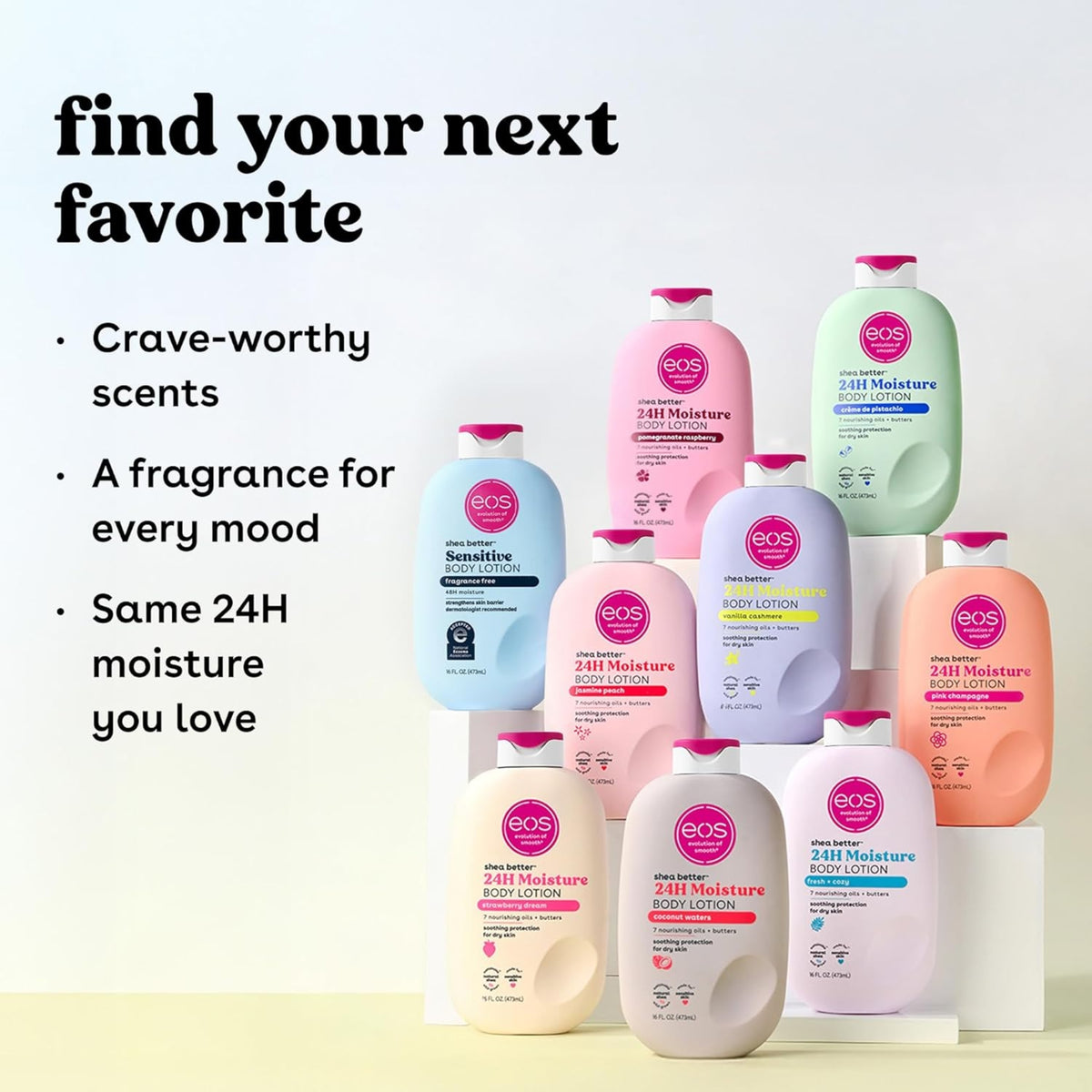 eos Shea Better 24H Moisture bodylotion i ni farverige flasker med dufte som jasmine peach og vanilla cashmere.