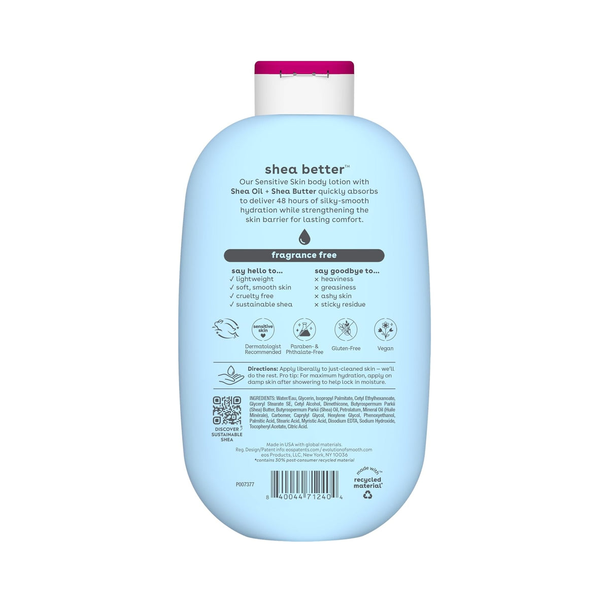 eos Shea Better bagside med ingredienser og info om sensitiv hud lotion med Shea Oil og Shea Butter, parfumefri.