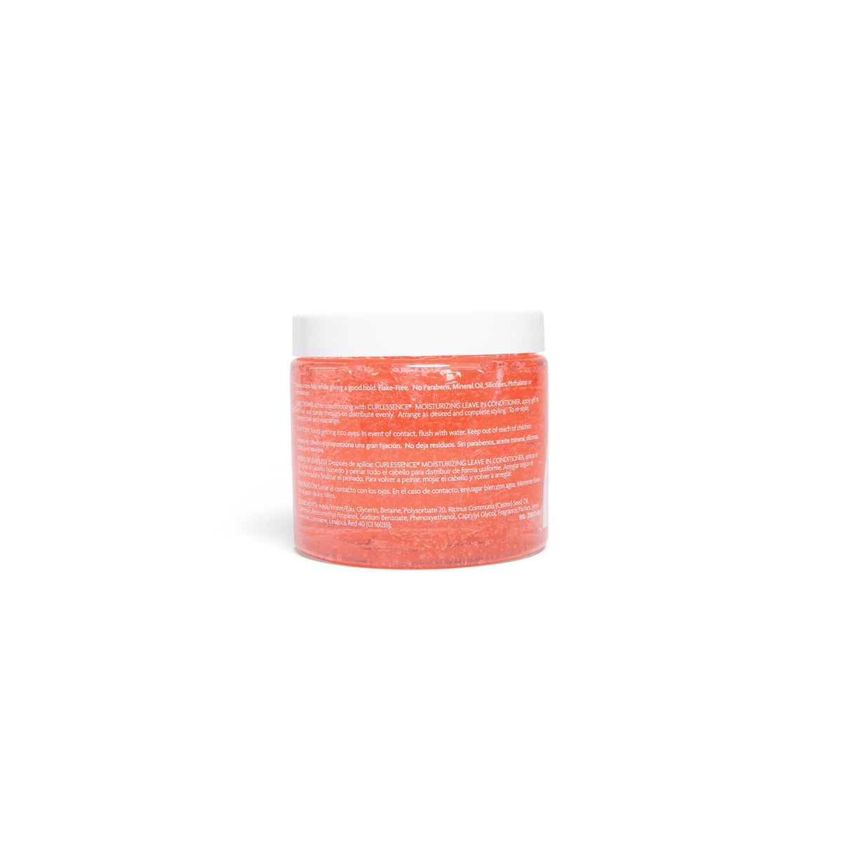 Bagsiden af KeraCare Gelessence Moisturizing Gel. Fokus på tekst med ingredienser, brugsanvisning og information.