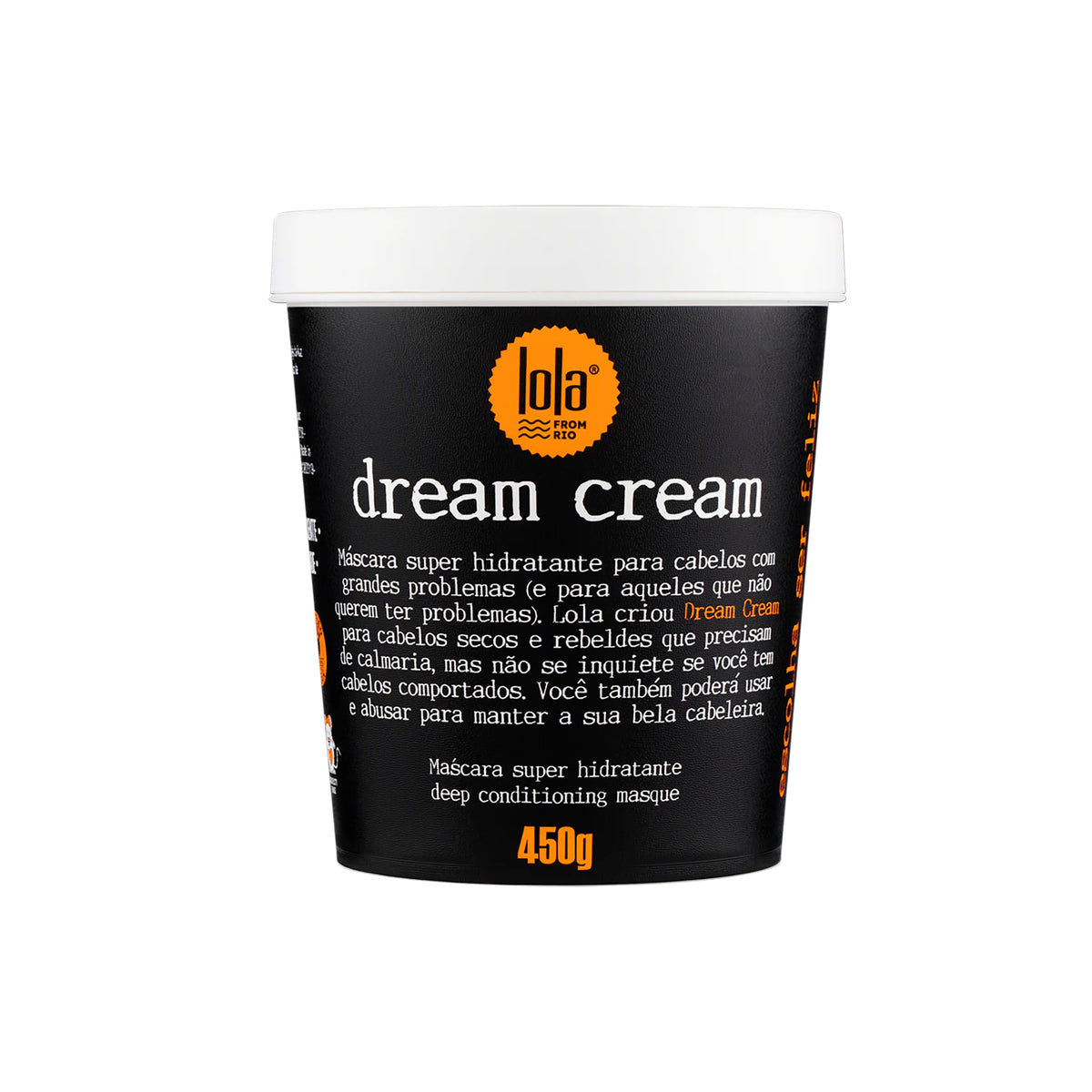 Sort bøtte med Lola Dream Cream Mask 450ml til dybdevirkende hårpleje, med hvidt låg og orange logo på fronten.