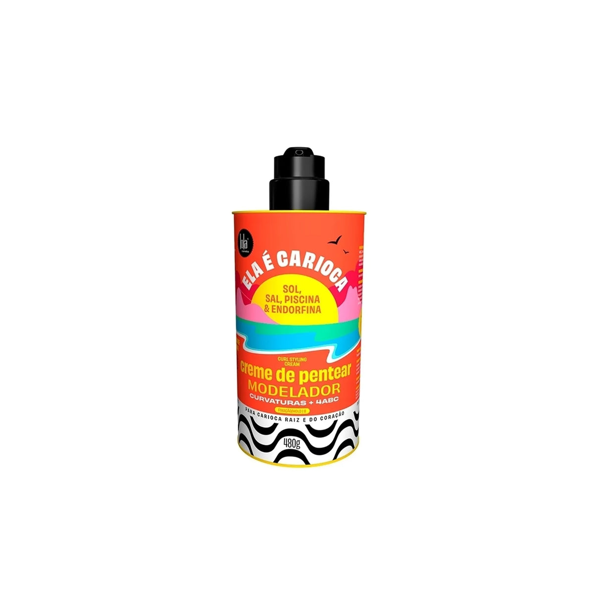 Flaske Lola Ela E Carioca Curl Styling Cream 4ABC 480ml med farverigt design i rød, gul og blå på hvid baggrund.
