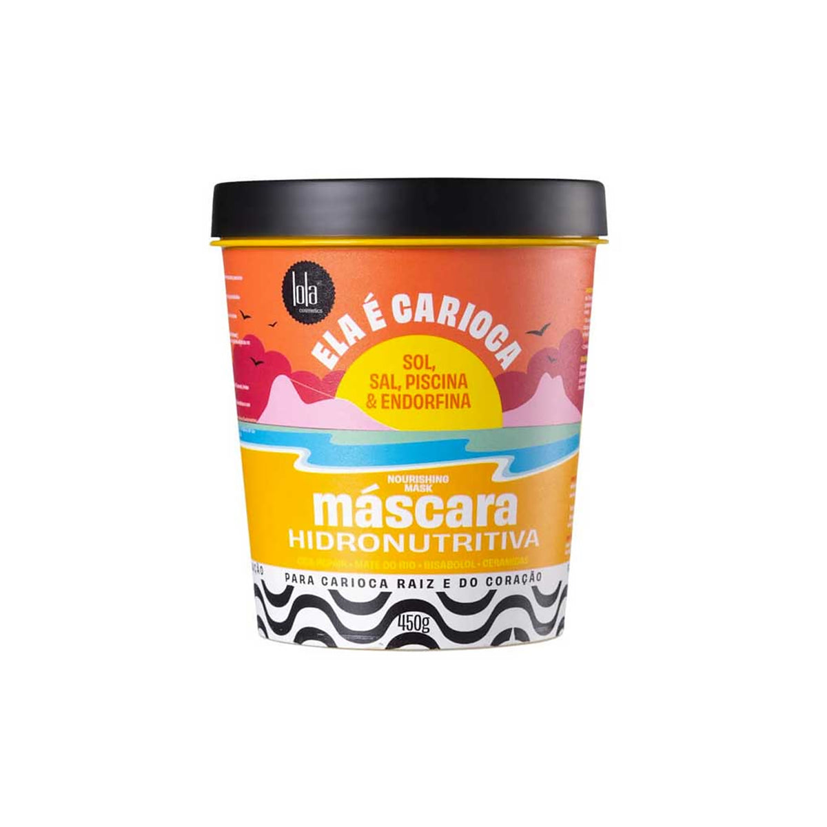 Farverig bøtte med Lola Ela E Carioca Nourishing Mask 450ml med solnedgangsgrafik og tropisk strandmotiv.