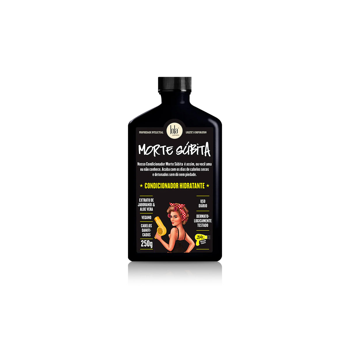 Sort flaske med Lola Morte Subita Moisturizing Conditioner 250ml med gul tekst, retroillustration og detaljer om vegansk hårpleje.