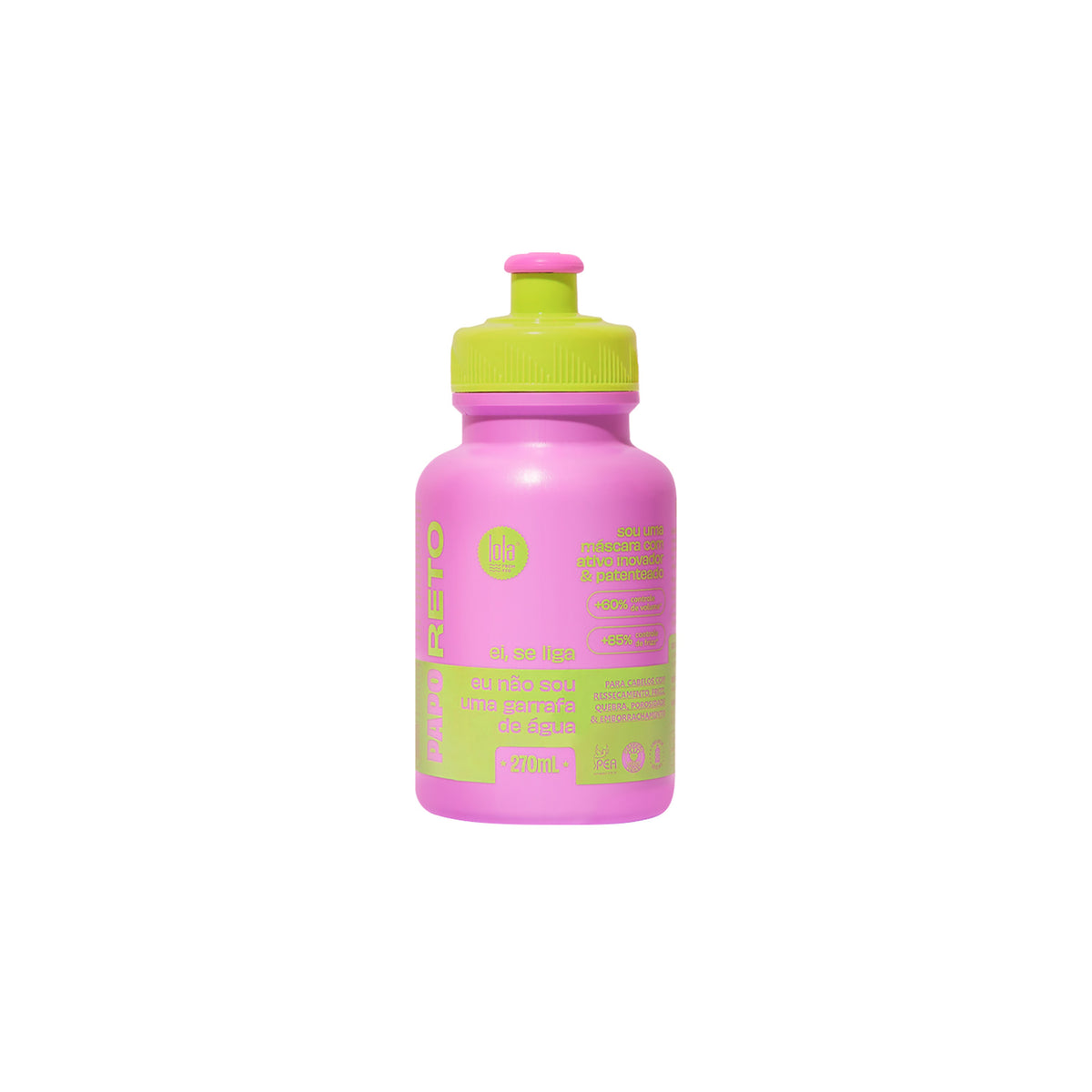 Lys pink flaske med grøn låg af Lola Papo Reto Molecular Repair Mask 270ml mod hvid baggrund.