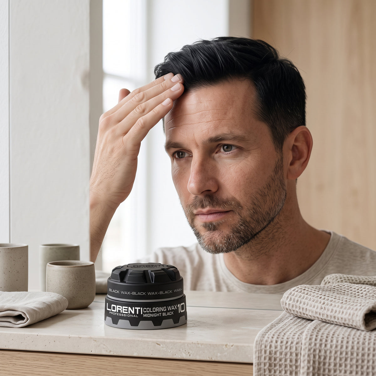 Mand med sort hår rører forsigtigt ved sit hårfæste foran spejl, Lorenti Coloring Wax Midnight Black på bordet.