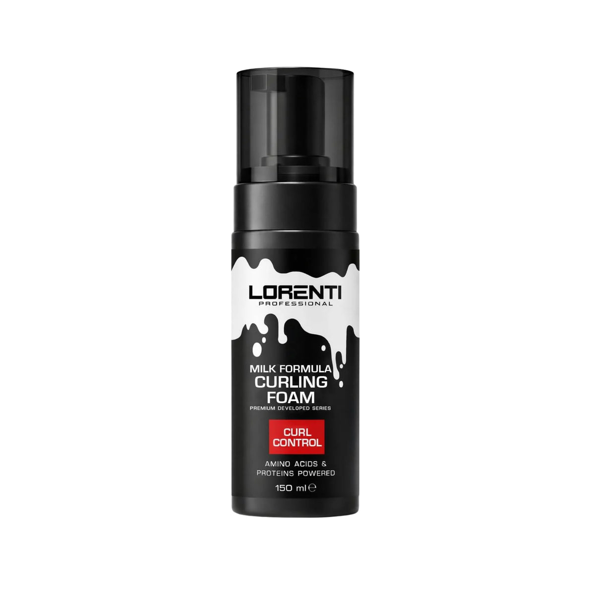 Sort Lorenti Professional Curling Foam hårskum, 150 ml pumpeflaske med hvidt mælkedesign og rødt Curl Control mærkat.