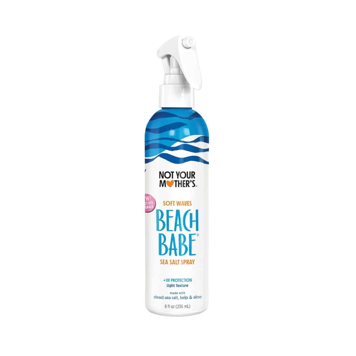Not Your Mother's Beach Babe sea salt spray i hvid sprayflaske med blåt bølgemønster, 8 fl oz.