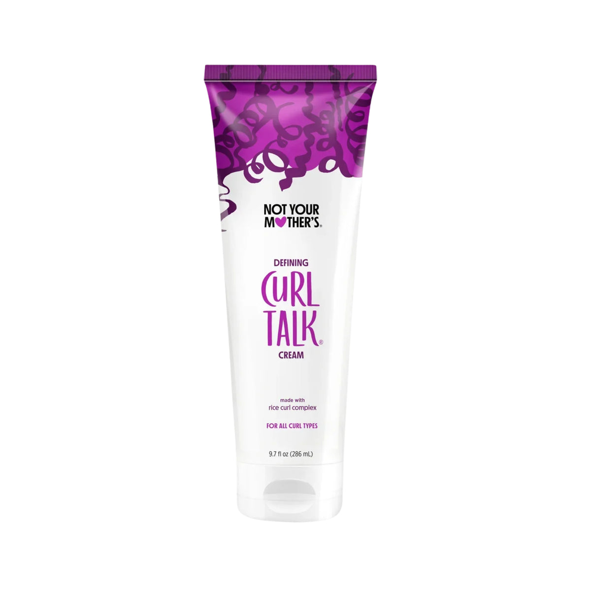 Not Your Mother's Curl Talk Defining Cream tube, 286 ml, med lilla krøller på emballagen mod hvid baggrund.