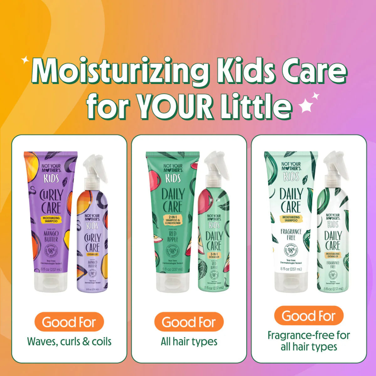 Moisturizing Kids Care produkter til børn: Curly Care, Daily Care shampoo og detangler til alle hårtyper.