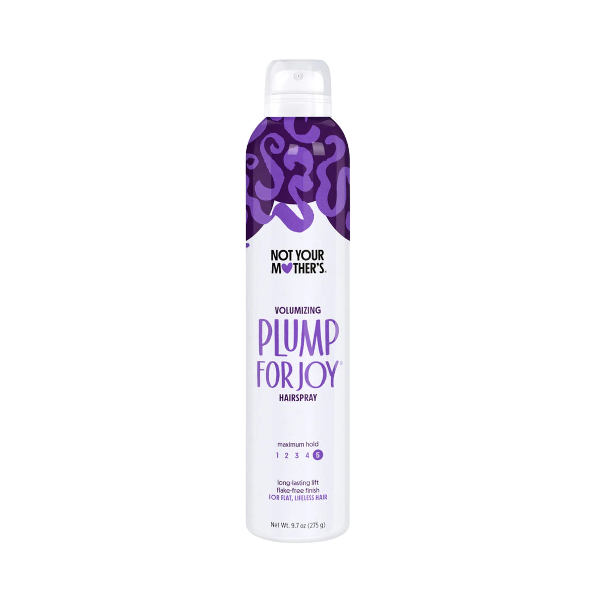 Not Your Mother's Plump For Joy volumizing hairspray i hvid og lilla dåse med maksimal hold.