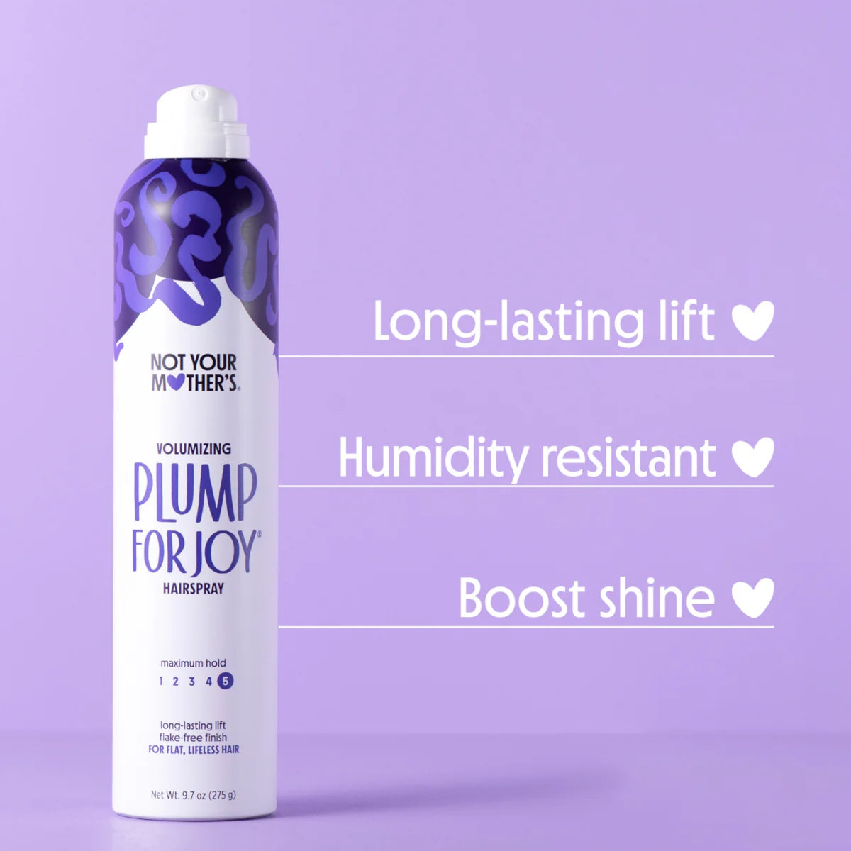 Not Your Mother's Plump For Joy volumizing hårspray i lilla og hvid dåse med tekst om lift, fugtbestandighed og glans.
