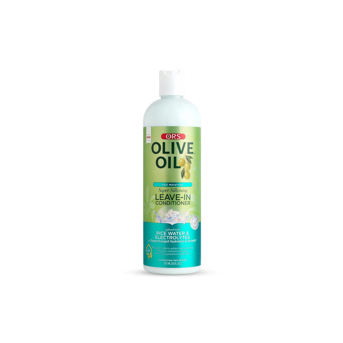 Flaske med ORS Olive Oil Max Moisture Super Silkening Leave-In Conditioner (473 ml) for silkeblødt hår.
