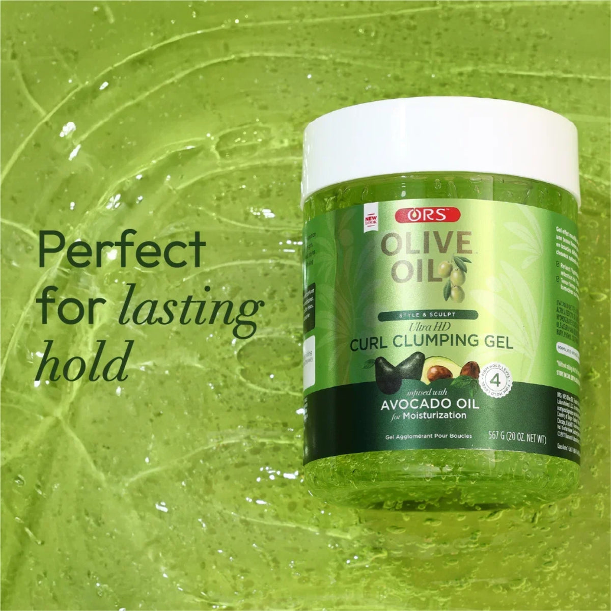 ORS Olive Oil Ultra HD Curl Clumping Gel 567g – grøn krølle-gel med avocadoolie til langvarigt hold og definerede krøller.