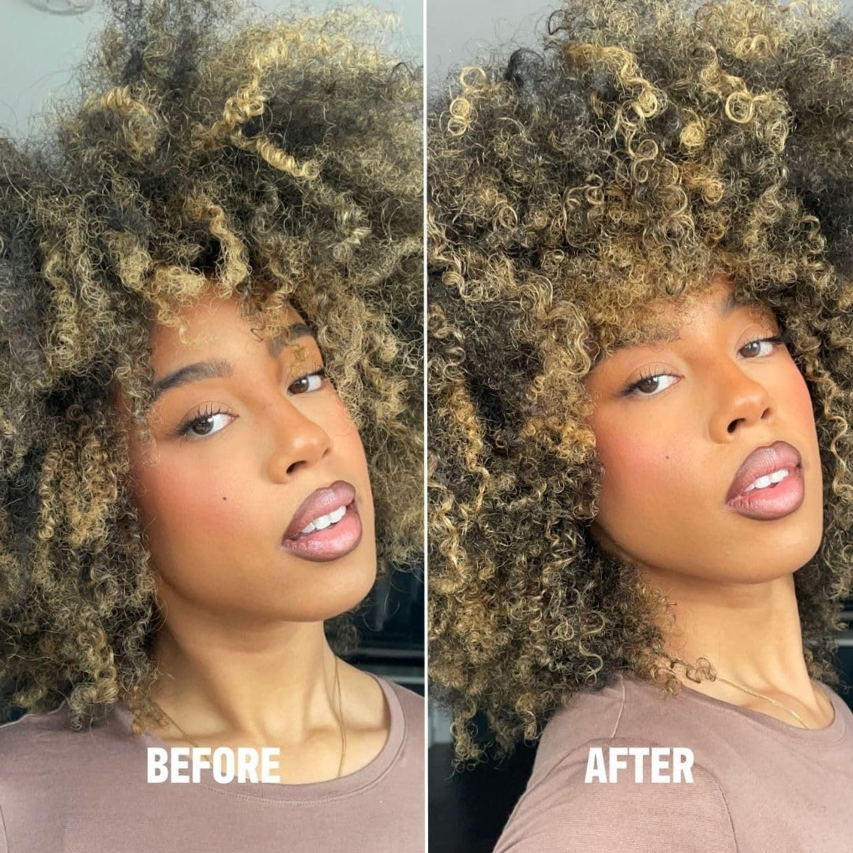 Før og efter krøllet afro-hår med blonde highlights – definerede krøller og mindre frizz efter behandling.