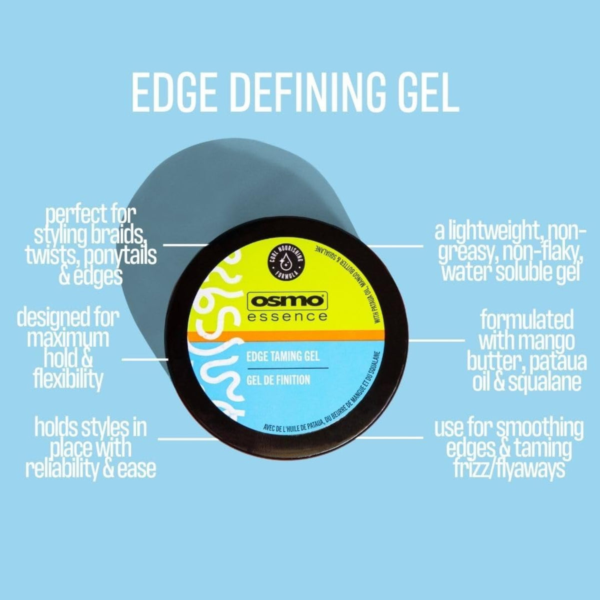 Osmo Essence Edge Taming Gel i sort dåse med gul og blå etiket på lyseblå baggrund med produktinfo.