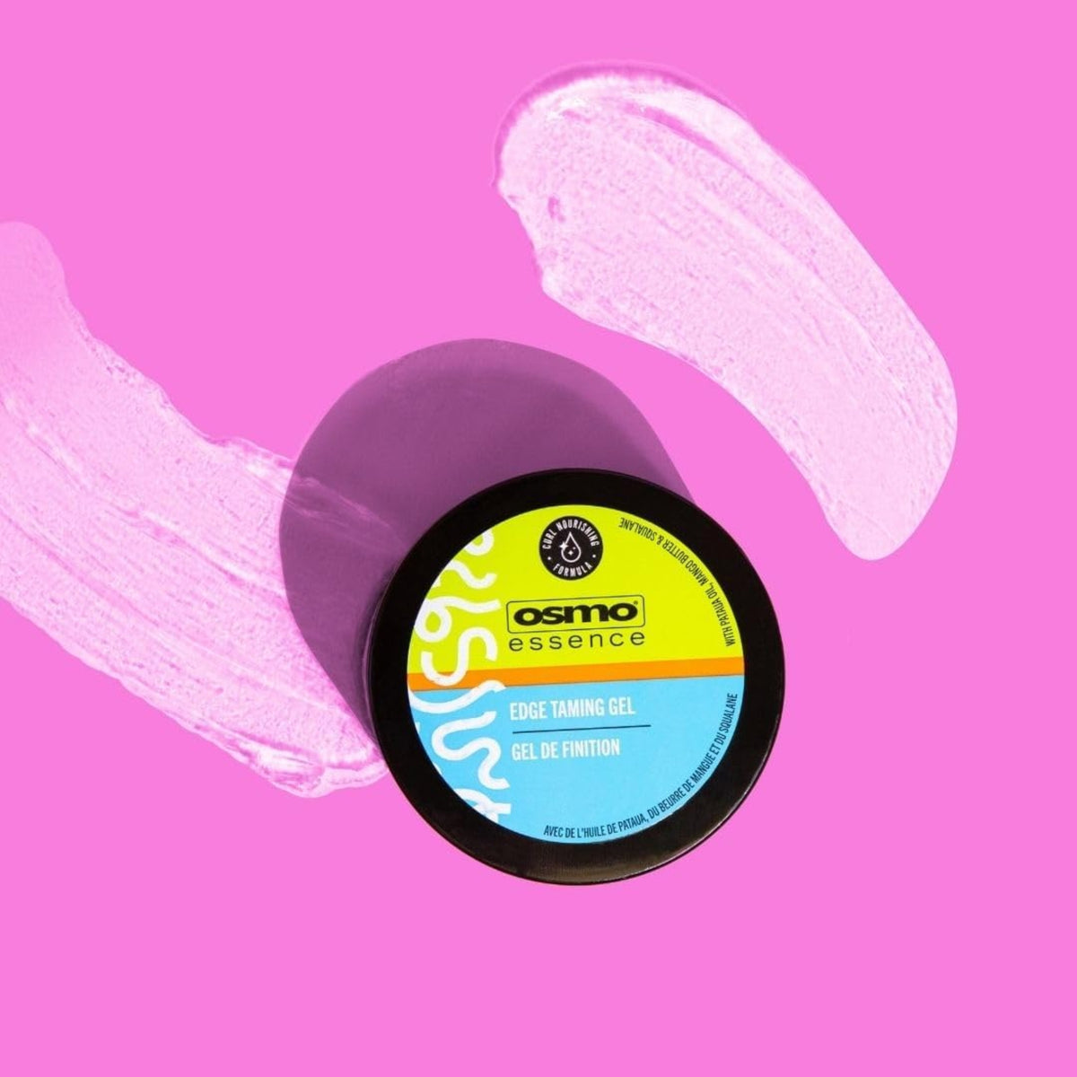 Osmo Essence Edge Taming Gel dåse med sort låg på pink baggrund med lyserøde gelstriber.
