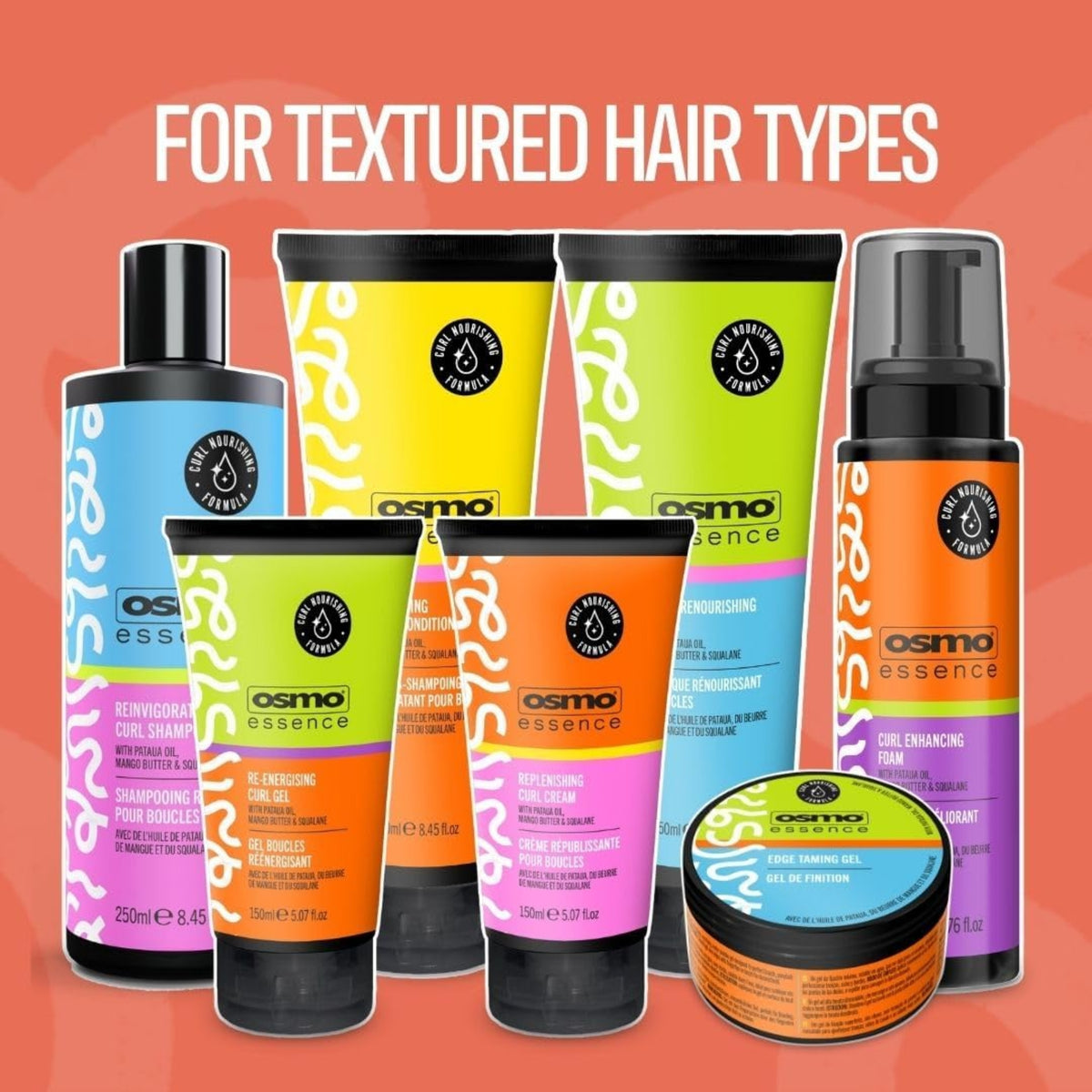Osmo Essence produktserie til strukturet hår: shampoo, balsam, curl gel, curl cream, skum og edge gel i farverige emballager.